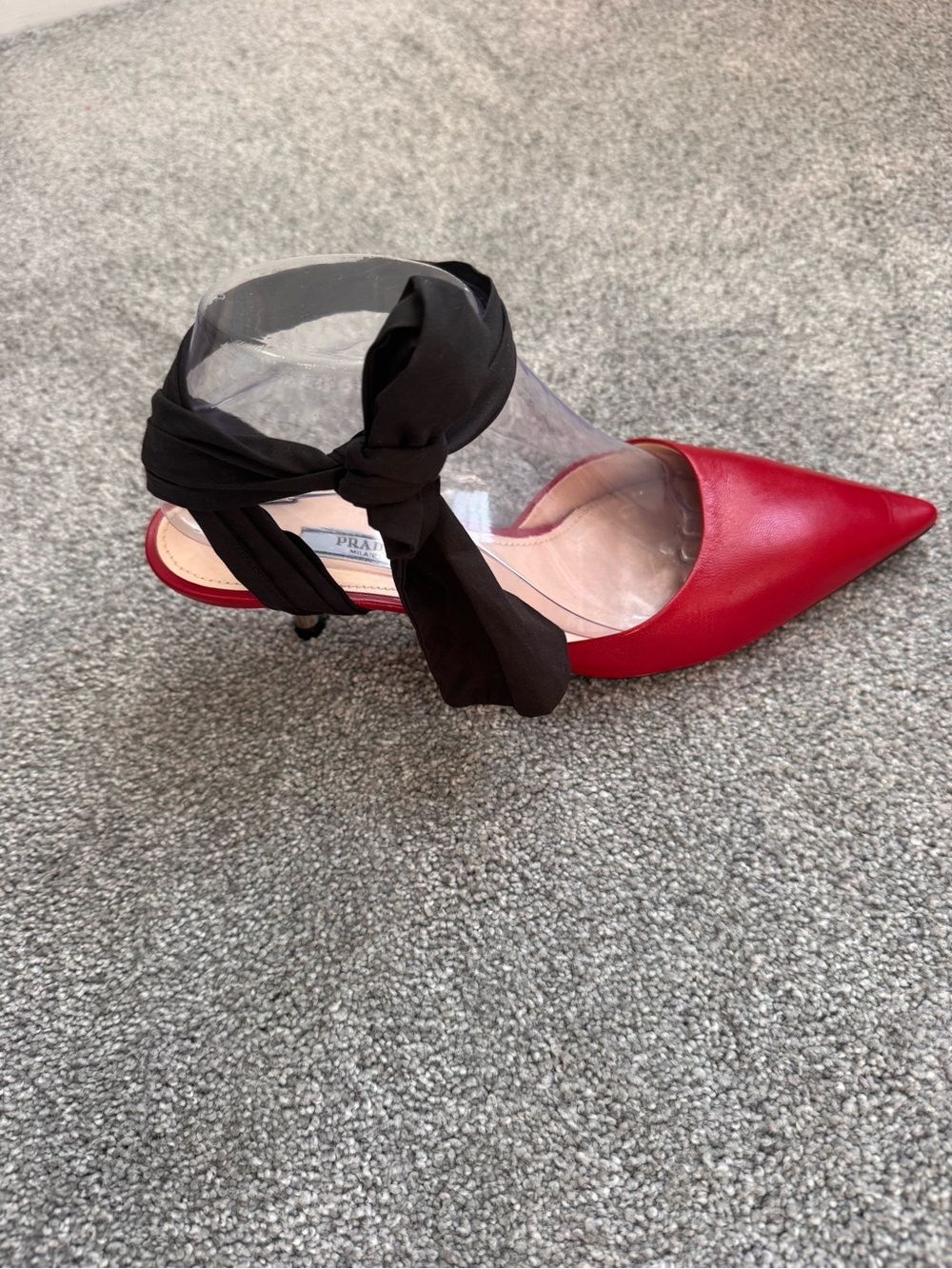 Archive Prada Milano Red Leather Ribbon Wrap Kitten Heels | Size 38 | Dust Bags - Picture 5 of 16